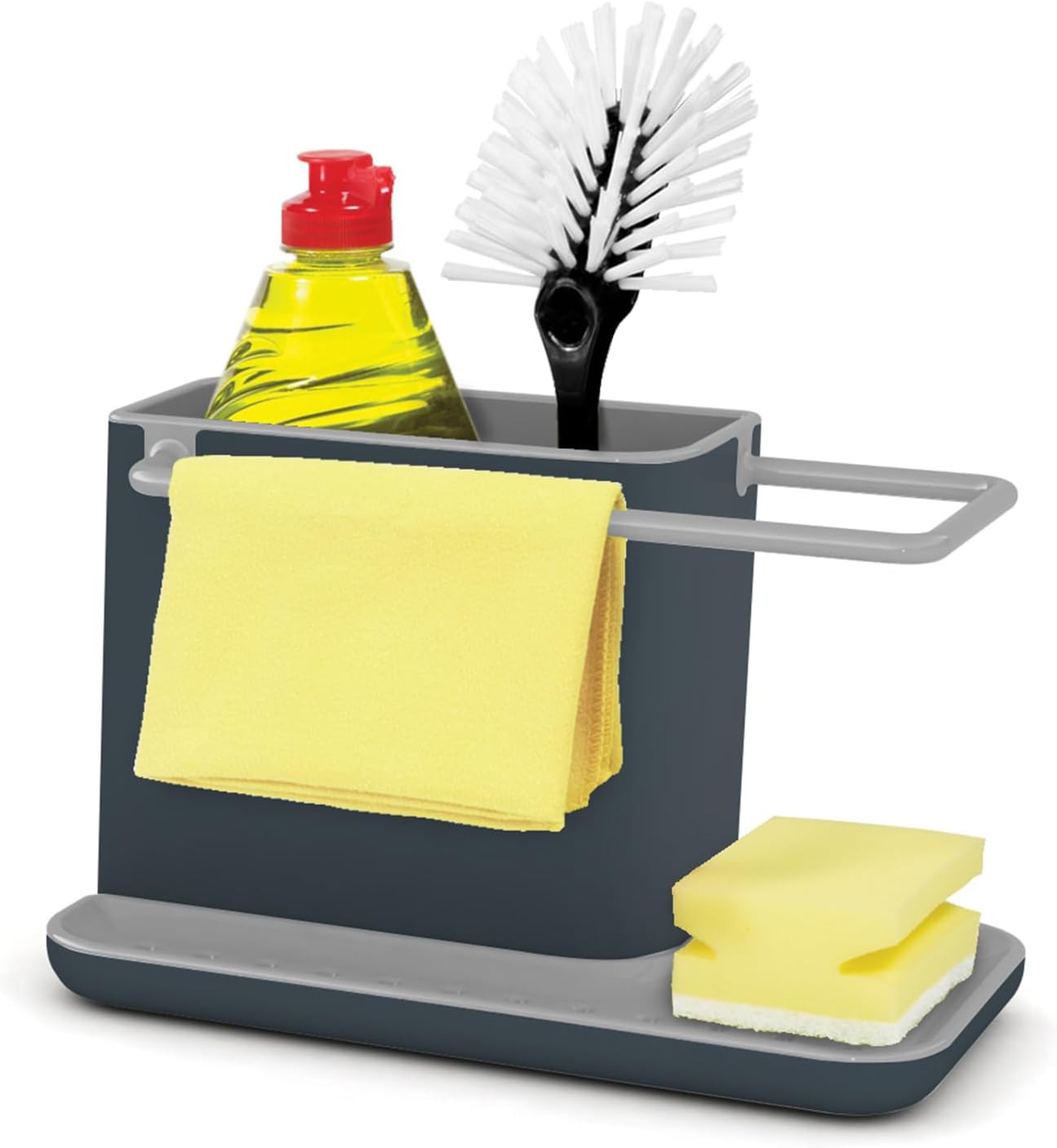 Caddy Kitchen Sink Area Organiser with Sponge Holder and Cloth Hanger - Grey