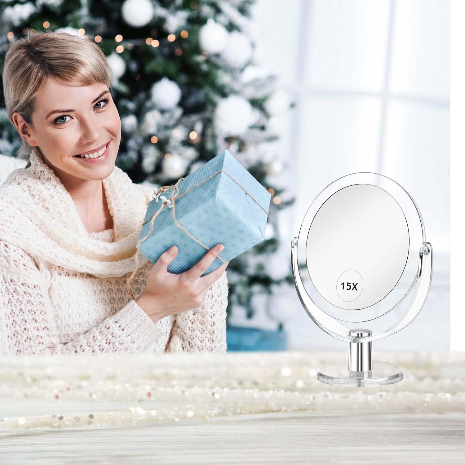 Vanity Makeup Mirror with Stand, 1X/15X Magnification Double Sided 360 Degree Swivel, Portable Table Desk Counter top Magnifying Mirror, Bathroom Shaving, 6.25 Inch
