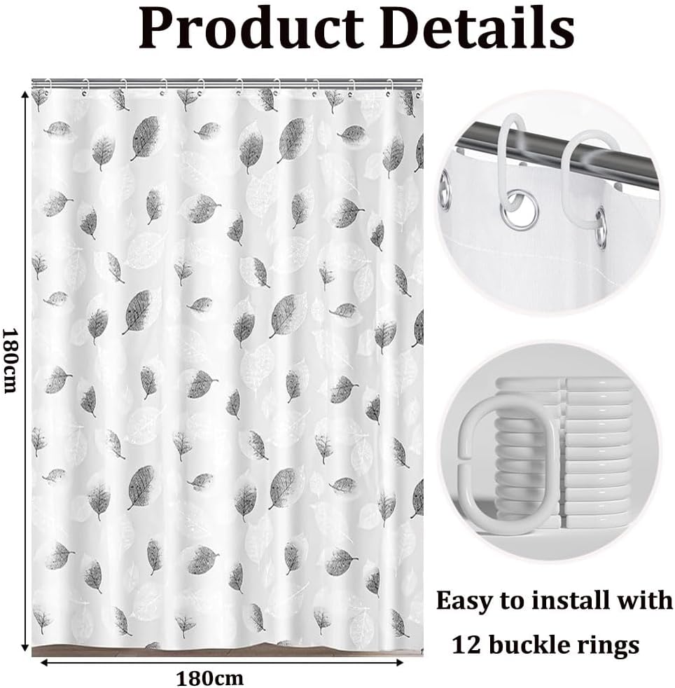 Shower Curtain for Bathroom, 100% PEVA Waterproof Anti-Mould Proof Resistant | Quick-Drying | Washable Bathroom Curtain | Includes 12 Pcs Curtain Hooks | 180 x 180 cm (71 x 71 Inch) | Foliage