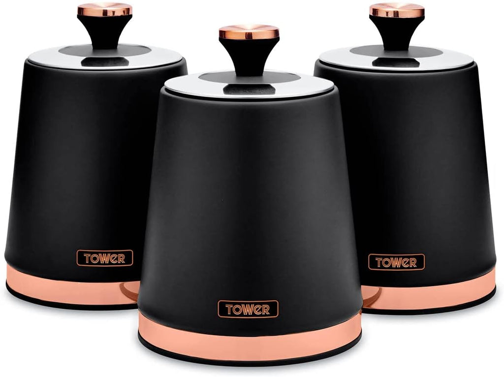 T826131BLK Cavaletto Set of 3 Storage Canisters for Tea/ Coffee/ Sugar, Steel, Black and Rose Gold