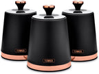 T826131BLK Cavaletto Set of 3 Storage Canisters for Tea/ Coffee/ Sugar, Steel, Black and Rose Gold