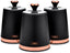 T826131BLK Cavaletto Set of 3 Storage Canisters for Tea/ Coffee/ Sugar, Steel, Black and Rose Gold