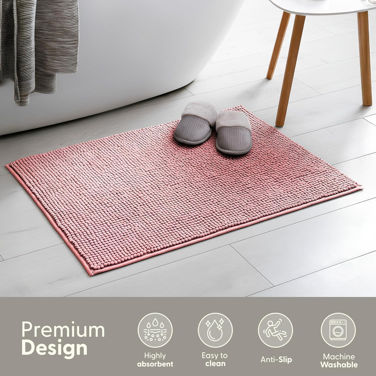Non-Slip Microfibre Bath & Toilet Mat - Soft, Plush & Comfortable Rug with Machine Washable Design - Water Absorbent & Quick Drying to Keep Bathroom & Home Hygienic & Clean - (40x60cm) Pink