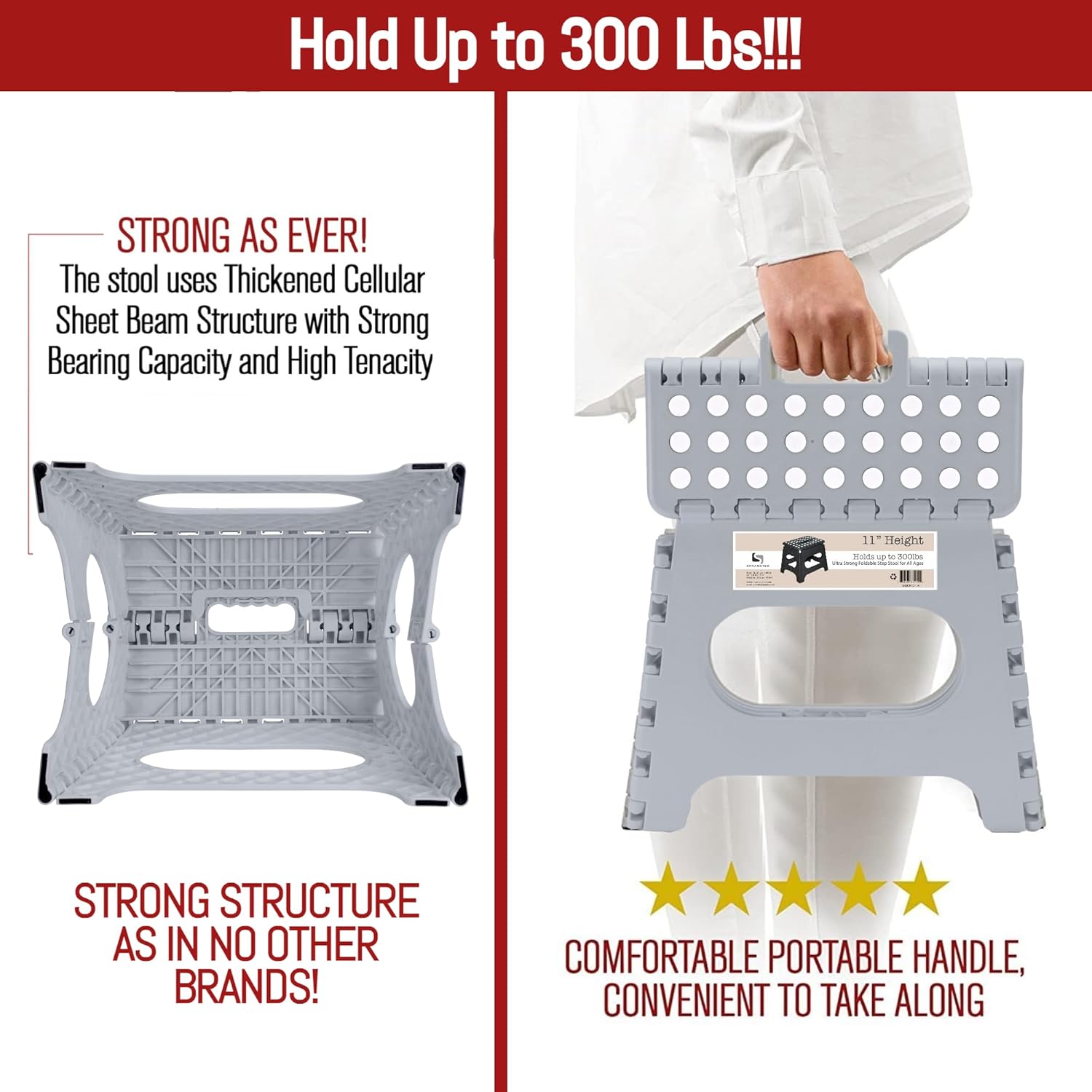 Super Strong Folding Step Stool - 11" - Sturdy Enough to Hold 300 Lb - Lightweight Foldable Step Stool for Adults and Kids - Opens with one Flip - Great for Kitchen, Bathroom and Bedroom