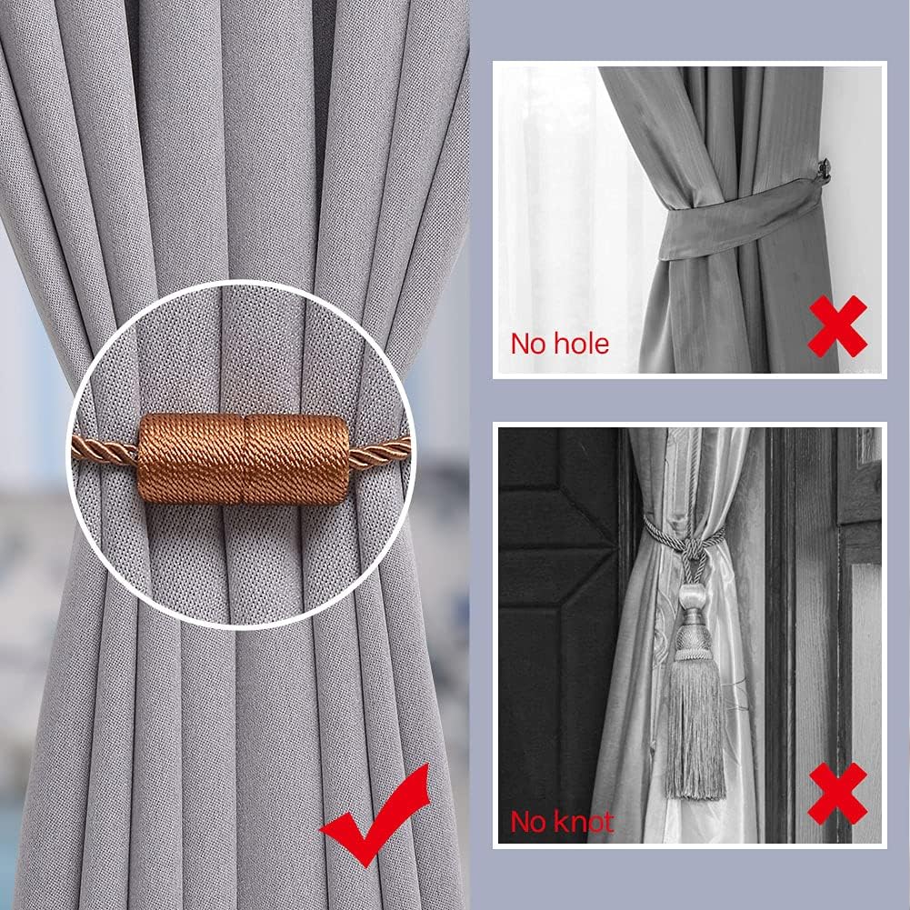 4 Pack Magnetic Curtain Tiebacks 16 Inch Handmade Weave Side Rope Curtain Holdbacks Convenient Decorative Cylinder Curtain Drape Tie Backs for Home & Office Window Drapery (Light Coffee) Secondary image