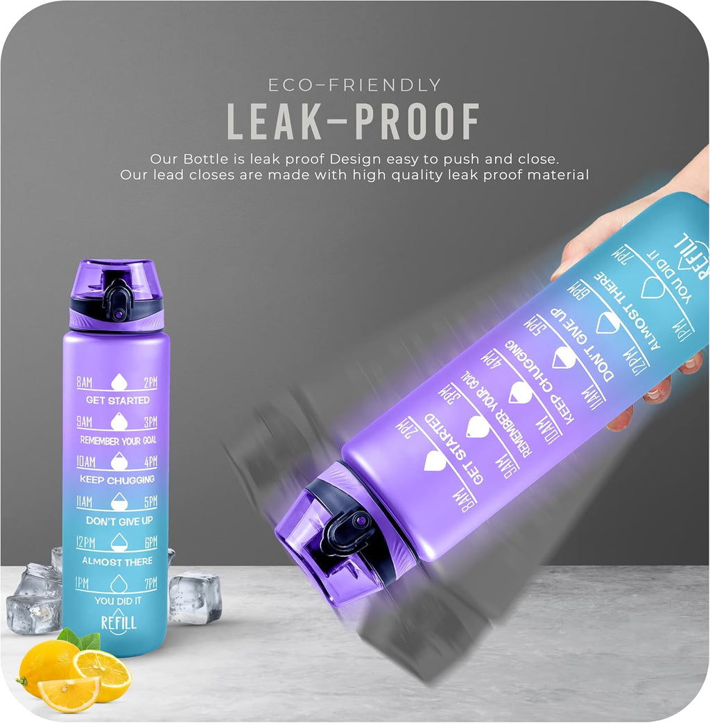 Water Bottle 1L, Sports Water Bottle with Time Markings, BPA-Free, Leak-Proof Drinks Bottle, Perfect for Running, Cycling, Gym, Yoga, Camping and Outdoor Activities, Blue-purple