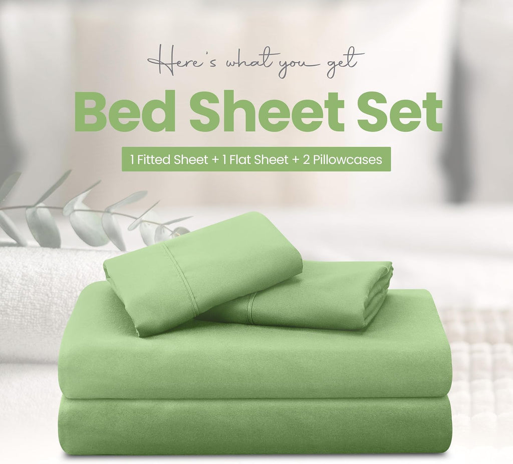 Bed Sheet Set Double, Sage, 4 Piece – Fitted Sheet, Flat Sheet with 2 Pillow Cases 50x75 – Wrinkle, Shrinkage & Fade Resistant – Oeko-Tex Certified, Polyester Microfiber Fabric