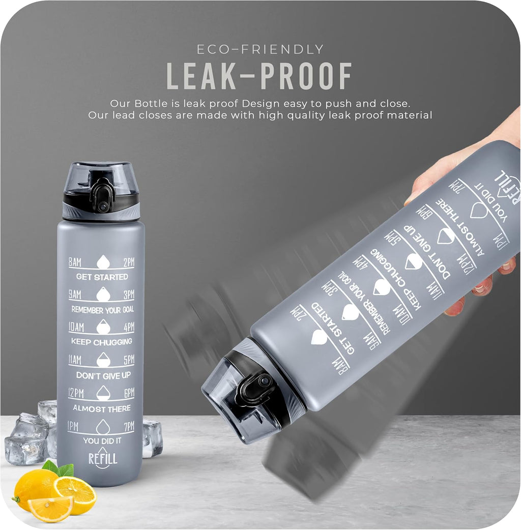 Water Bottle 1L, Sports Water Bottle with Time Markings, BPA-Free, Leak-Proof Drinks Bottle, Perfect for Running, Cycling, Gym, Yoga, Camping and Outdoor Activities, Grey