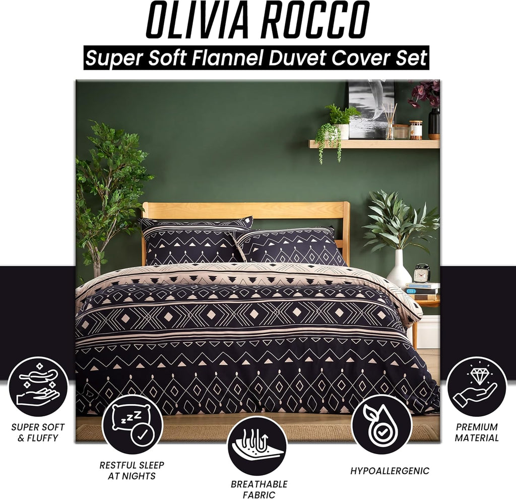 Super Soft Flannel Duvet Cover Set Quilt Bedding Covers with Pillowcases Luxurious Colourful Checked Printed Design Reversible Pattern for Comfort Sleep, Oslo Black Double