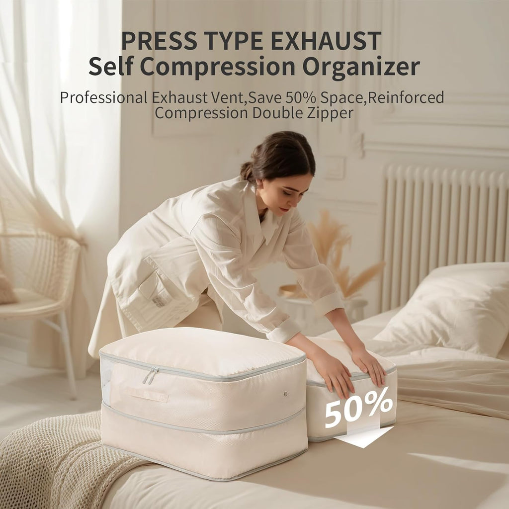 Space-Saving Compression Storage Bags - 2 Pack Foldable Duvet Storage Organisers Large Compression Packing Cubes with Clear Window for Moving, Dorm, Down Jackets, Clothes, Bedding (Beige)