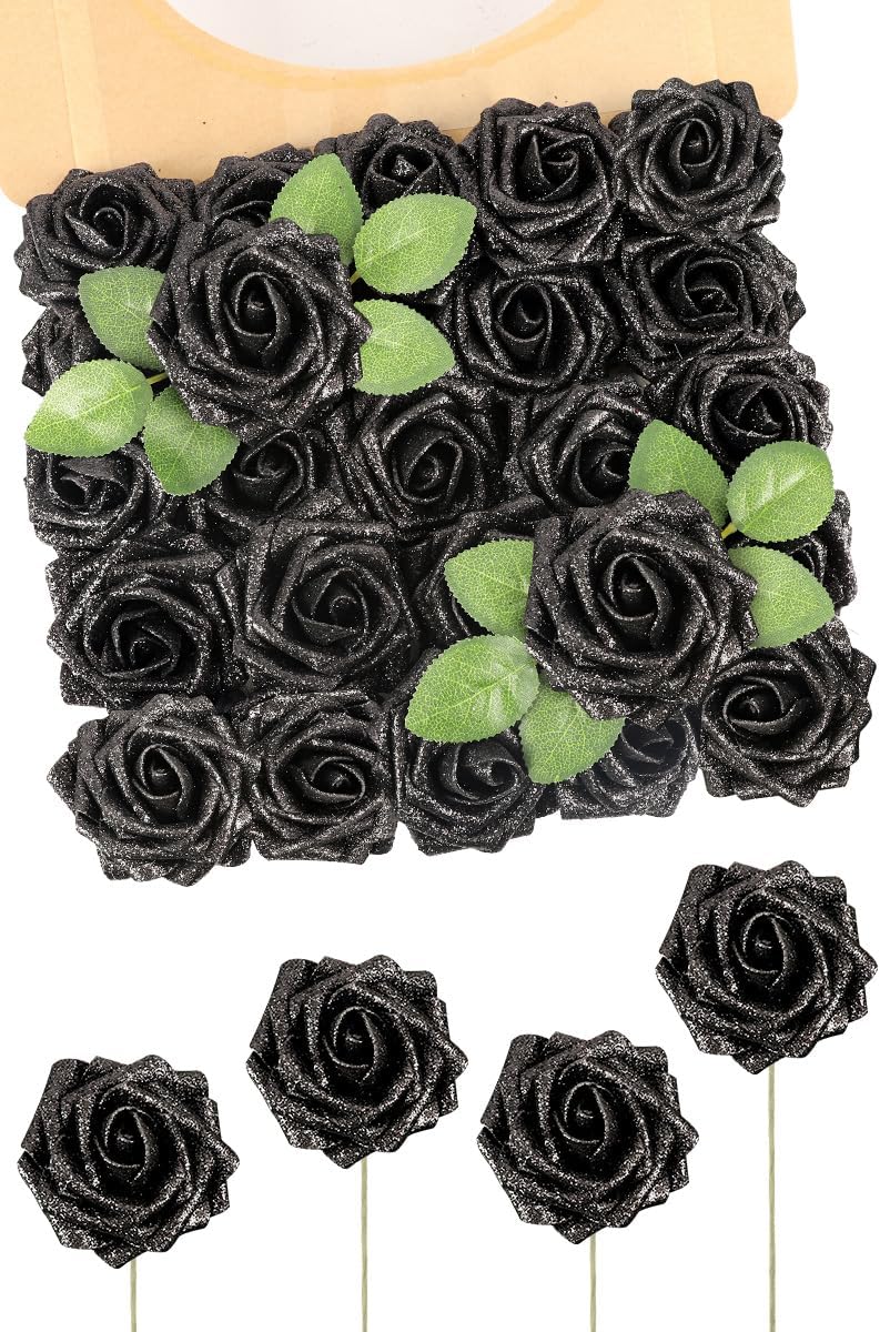 Artificial Flowers Glitter Rose, 25pcs Fake Roses Flowers with Stems Real Touch Faux foam Roses for Wedding Bouquets Party Home Halloween Christmas Decoration(Black)