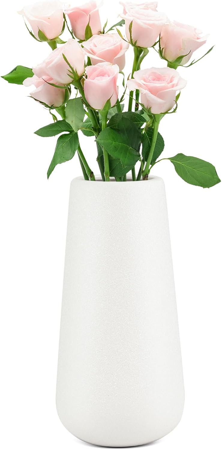 Matte White Ceramic Vase for Minimalist Modern Home Decor - Decorative Classic Flower Vase for Centerpiece, Wedding, Dinner Table, Office, Bedroom - Rustic Style - 20cm