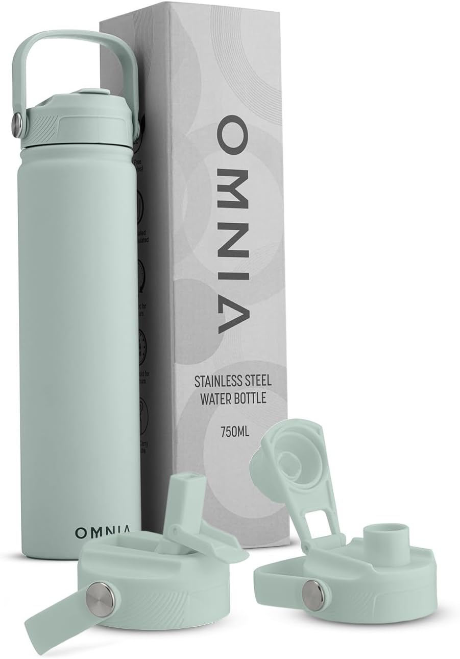 OMNIA Vacuum Insulated Stainless Steel Water Bottle, 2 Lids (Straw & Spout) Leakproof, BPA-Free, Reusable Flask, Hot & Cold Thermos for Sports, Gym, Travel, Outdoors (Cool Green, 750ML) Main image