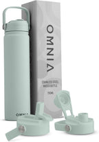 OMNIA Vacuum Insulated Stainless Steel Water Bottle, 2 Lids (Straw & Spout) Leakproof, BPA-Free, Reusable Flask, Hot & Cold Thermos for Sports, Gym, Travel, Outdoors (Cool Green, 750ML)