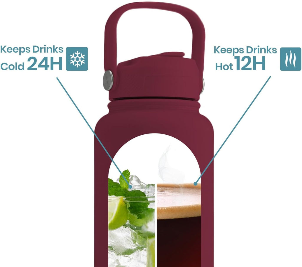 OMNIA Vacuum Insulated Stainless Steel Water Bottle, 2 Lids (Straw & Spout) Leakproof, BPA-Free, Reusable Flask, Hot & Cold Thermos for Sports, Gym, Travel, Outdoors (Burgundy, 1000ML)