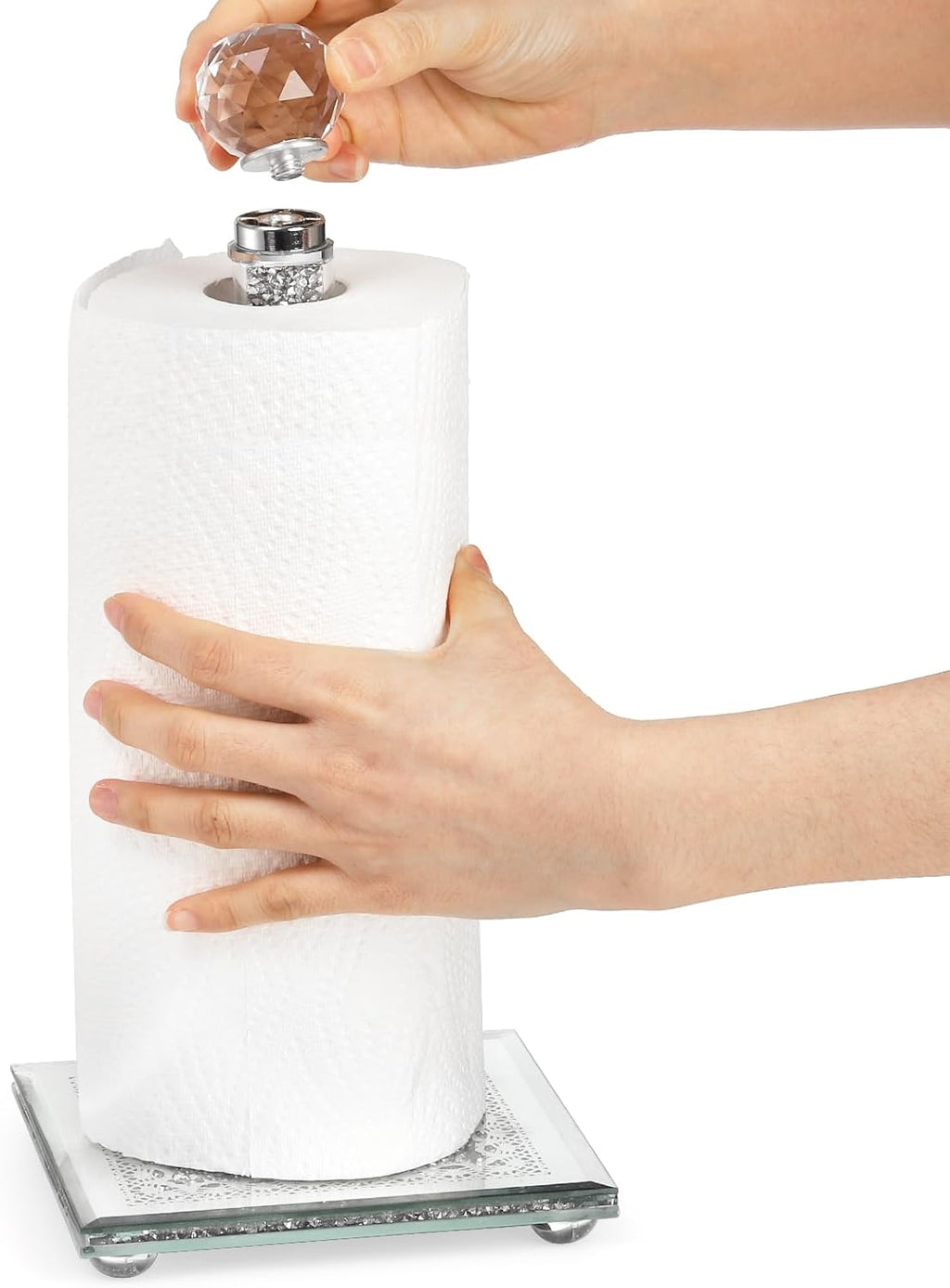 Suwimut Paper Towel Holder Countertop, Silver Standing Paper Towel Roll Dispenser Holder with Square Weighted Base, Tissue Holder Filled with Sparkly Crystal Crushed Diamond for Kitchen Bathroom