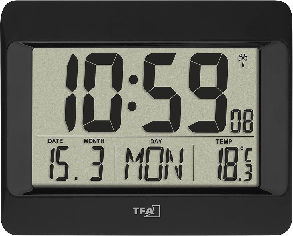 Dostmann Digital Wall Clock, 60.4519.01, Radio-Controlled Clock with Indoor Temperature, Day of the Week (8 Languages), Date, Time Zone Setting, Black, Plastic, (L) 215 x (W) 160 x (H) 26 (68) mm