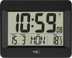 Dostmann Digital Wall Clock, 60.4519.01, Radio-Controlled Clock with Indoor Temperature, Day of the Week (8 Languages), Date, Time Zone Setting, Black, Plastic, (L) 215 x (W) 160 x (H) 26 (68) mm