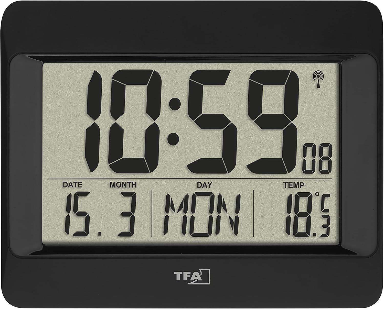 Dostmann Digital Wall Clock, 60.4519.01, Radio-Controlled Clock with Indoor Temperature, Day of the Week (8 Languages), Date, Time Zone Setting, Black, Plastic, (L) 215 x (W) 160 x (H) 26 (68) mm
