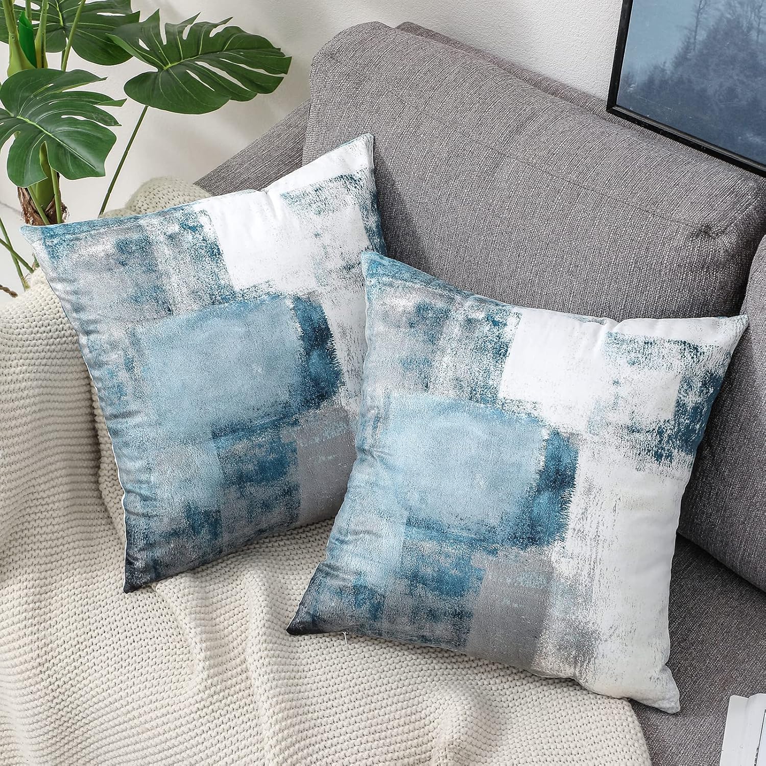 Set of 2 Decorative Velvet Cushion Covers 40 x 40 cm Abstract Art Decor Pillow Case Blue Grey Cushion Cover 16x16 inches for Outdoor Patio Garden Blench Living Room Sofa Farmhouse Decor