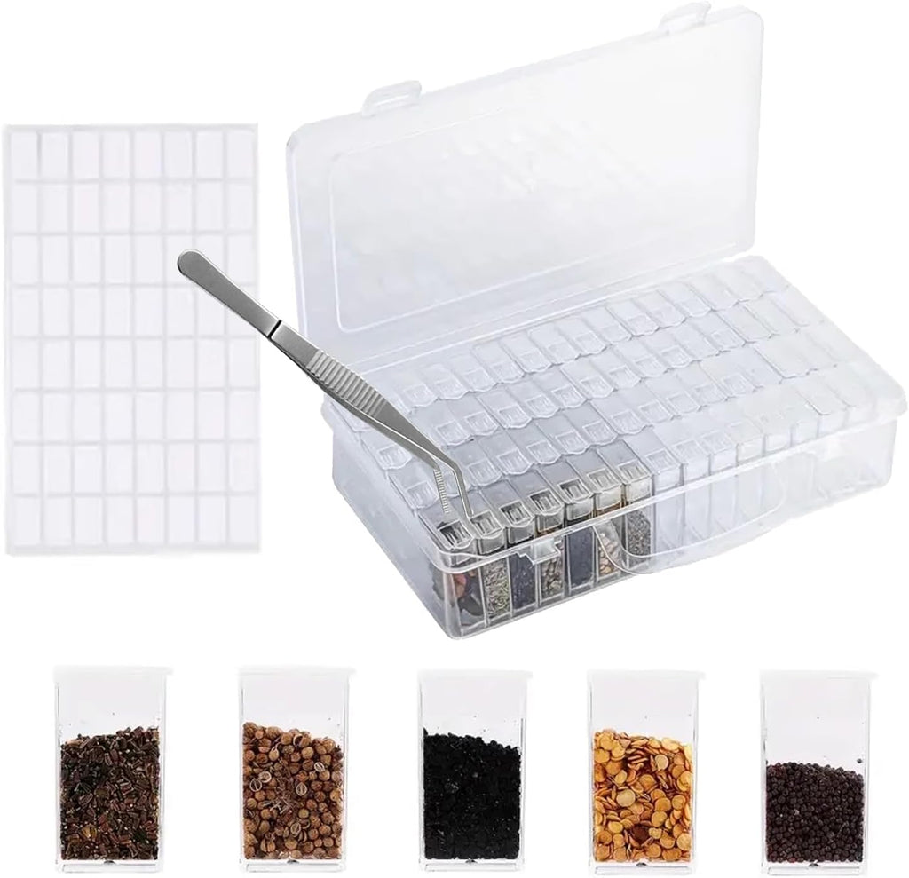 Seed Storage Box, 64 Slots Plastic Seed Storage Organizer Box with Label Stickers and Tweezers, Independent Compartment Design for Vegetable, Fruits, Flower, Chili Seeds (64 Slots)