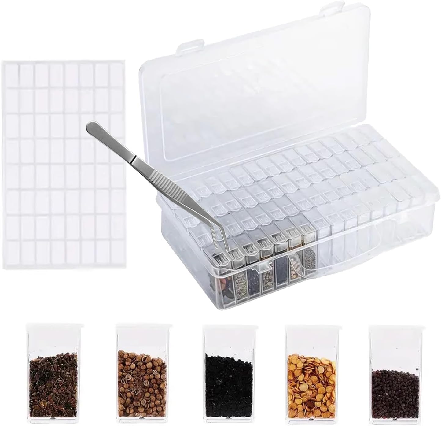 Seed Storage Box, 64 Slots Plastic Seed Storage Organizer Box with Label Stickers and Tweezers, Independent Compartment Design for Vegetable, Fruits, Flower, Chili Seeds (64 Slots)