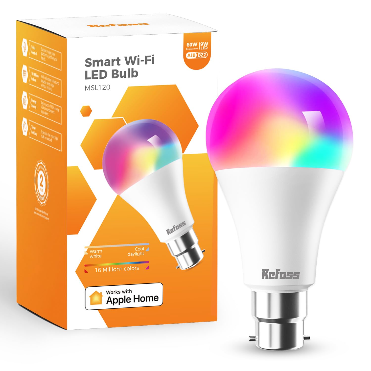 Smart Bulb Alexa Light Bulb B22 Works with Apple HomeKit, Alexa, Google Home, Siri with Colour Changing Light, Dimmable Warm White WiFi Bulb 9W (60W Equivalent) 810LM 1 Pack Main image
