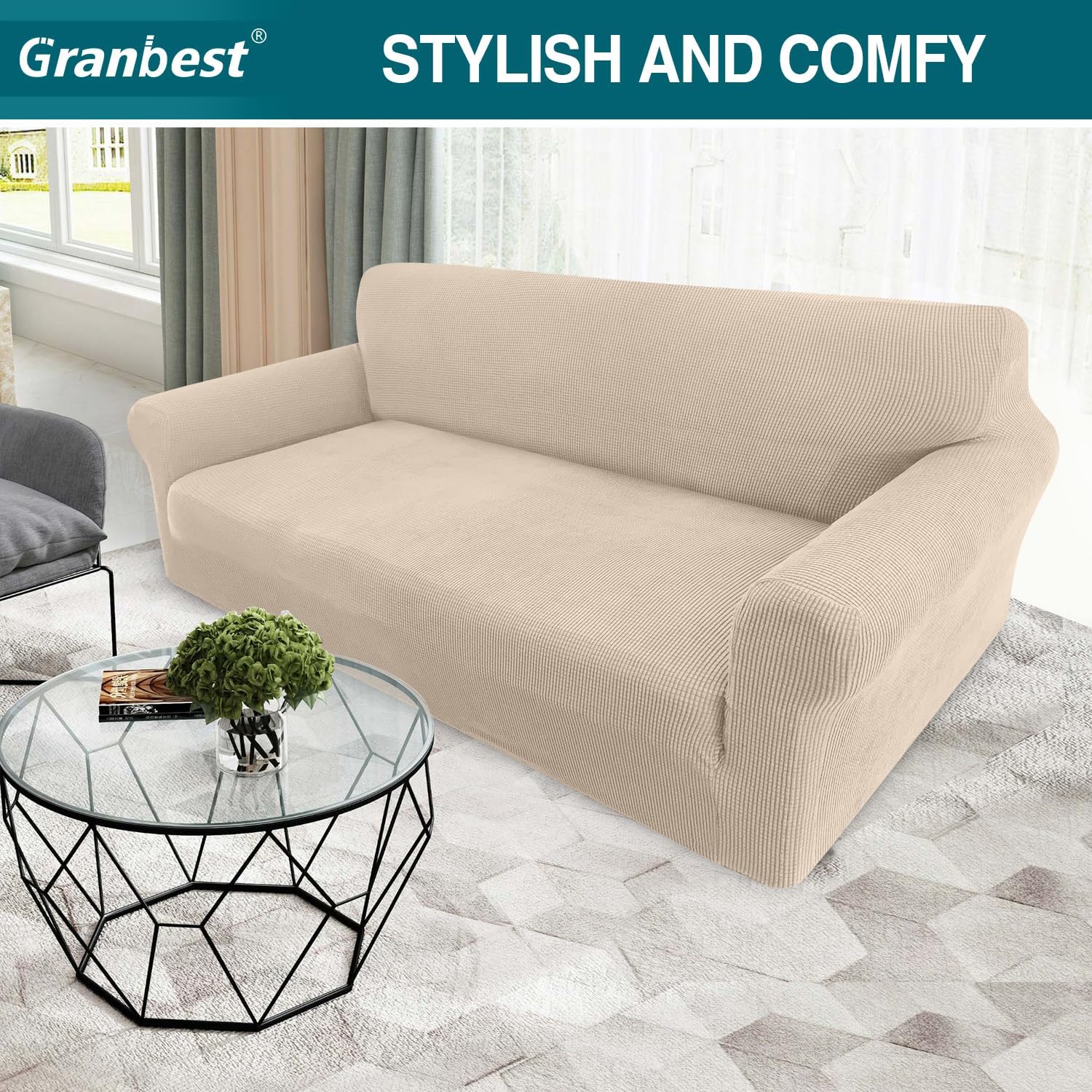 High Stretch Sofa Covers 3 Seater Super Soft Stylish Couch Covers for Dogs Pets Cats Jacquard Spandex Non Slip Sofa Slipcover for Living Room Furniture Protector (3 Seater, Beige) Secondary image