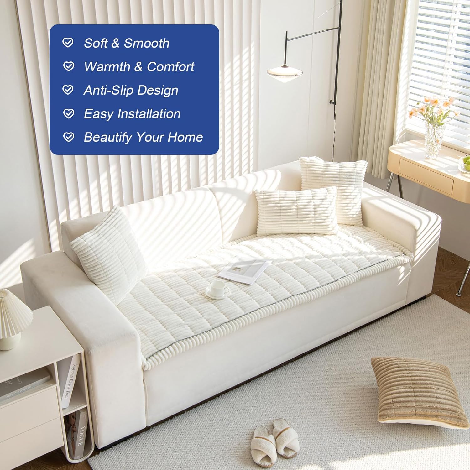New Thick Sofa Covers Washable - Soft Corduroy Universal Sofa Cover 2 3 4 Seater, Non-Slip Couch Cover, Couch Seat Covers Sofa Slipcovers Furniture Protector for Living Room (White, 70x180cm)