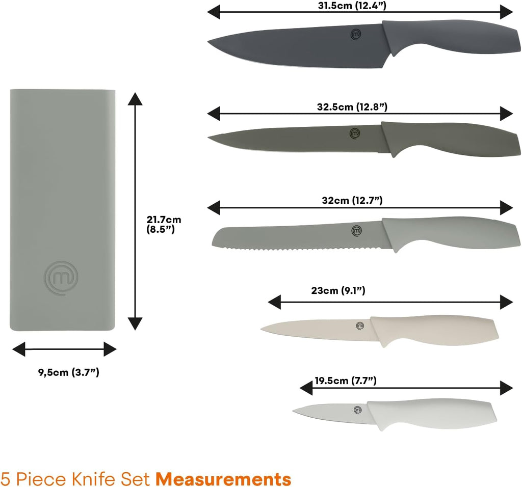 Knife Set with Block, 5 Kitchen Knives with Sharp Stainless Steel Blades (Chef, Paring, Utility, Carving, Bread) Soft Touch Easy Grip Handles & Universal Knife Holder, Earth Greys