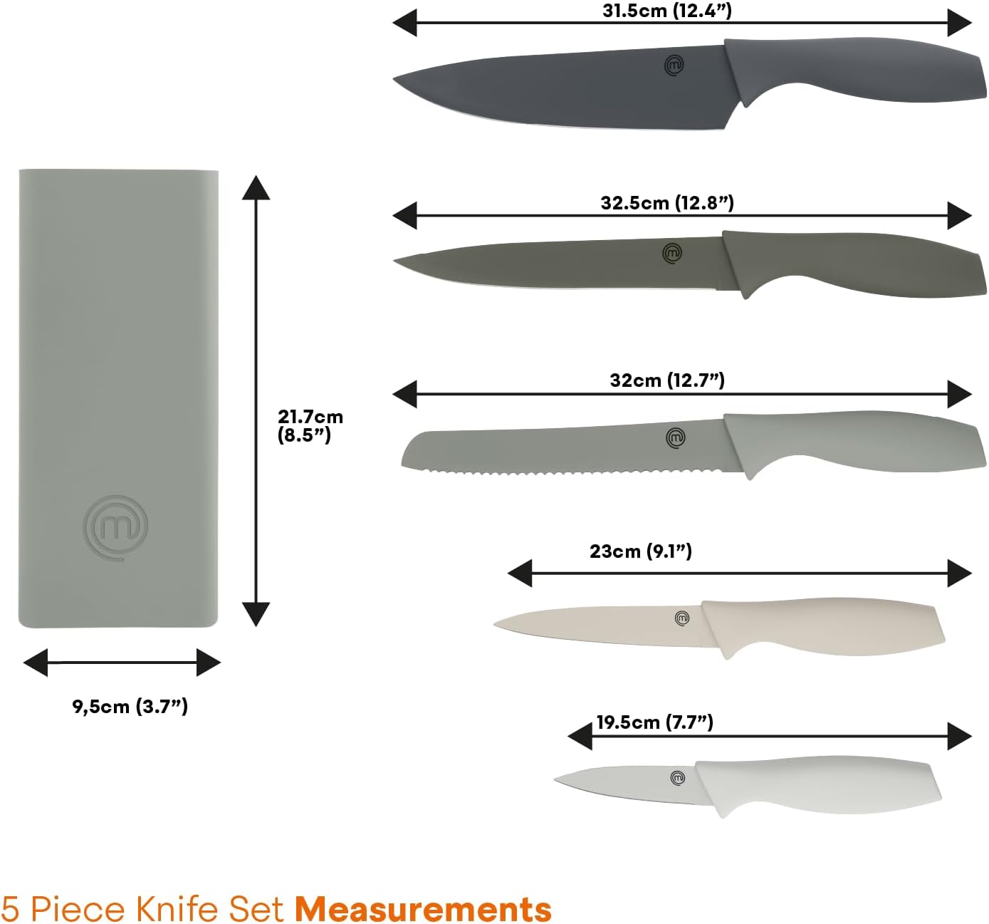 Knife Set with Block, 5 Kitchen Knives with Sharp Stainless Steel Blades (Chef, Paring, Utility, Carving, Bread) Soft Touch Easy Grip Handles & Universal Knife Holder, Earth Greys