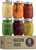 475ml Mason Jar with Anti-Slip Design & Measuring Scale – Premium Thickened Calcium Glass, Lead-Free, Leak-Proof Lid with Plastic Seal, 7cm Wide Mouth, Ideal for Storage, Preserves & More (6 Pack)