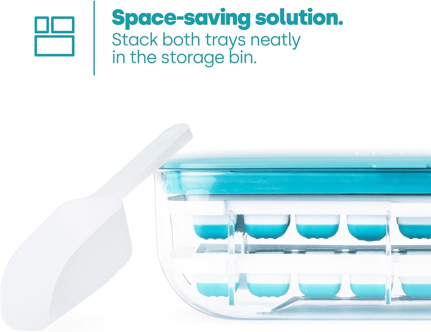 Ice Cube Tray with Lid Dispenser & Storage - Reusable BPA Free Easy Press Release 48 Ice Cube Moulds - 2 Tray with Dispenser, Ice Bucket & Scoop