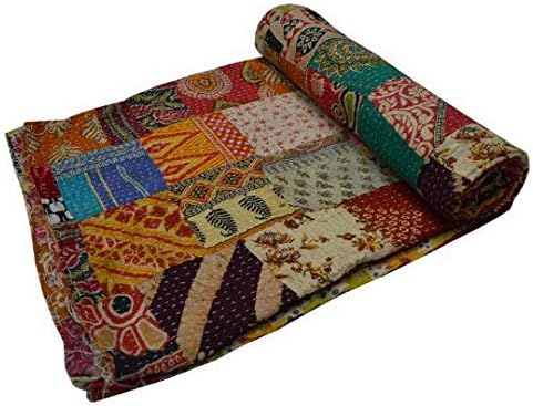 Estationeryhouse Indian Vintage patchwork Kantha Quilt Handmade Throw Reversible Blanket Bedspread Cotton Fabric BOHEMIAN quilt (85x55 inch)