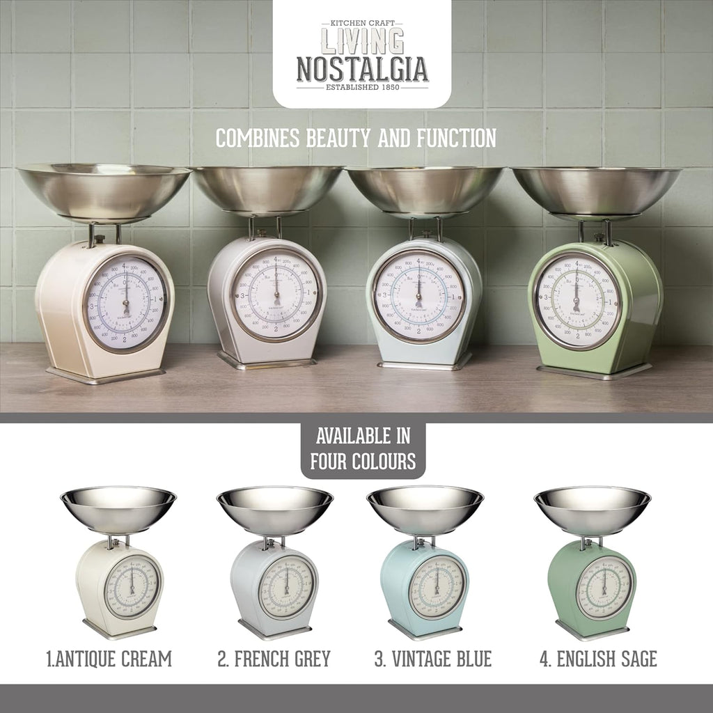 Living Nostalgia Mechanical Kitchen Scales, Retro Traditional Weighing Scale 4 kg (8 lbs), 25 x 25 x 3 cm, English Sage