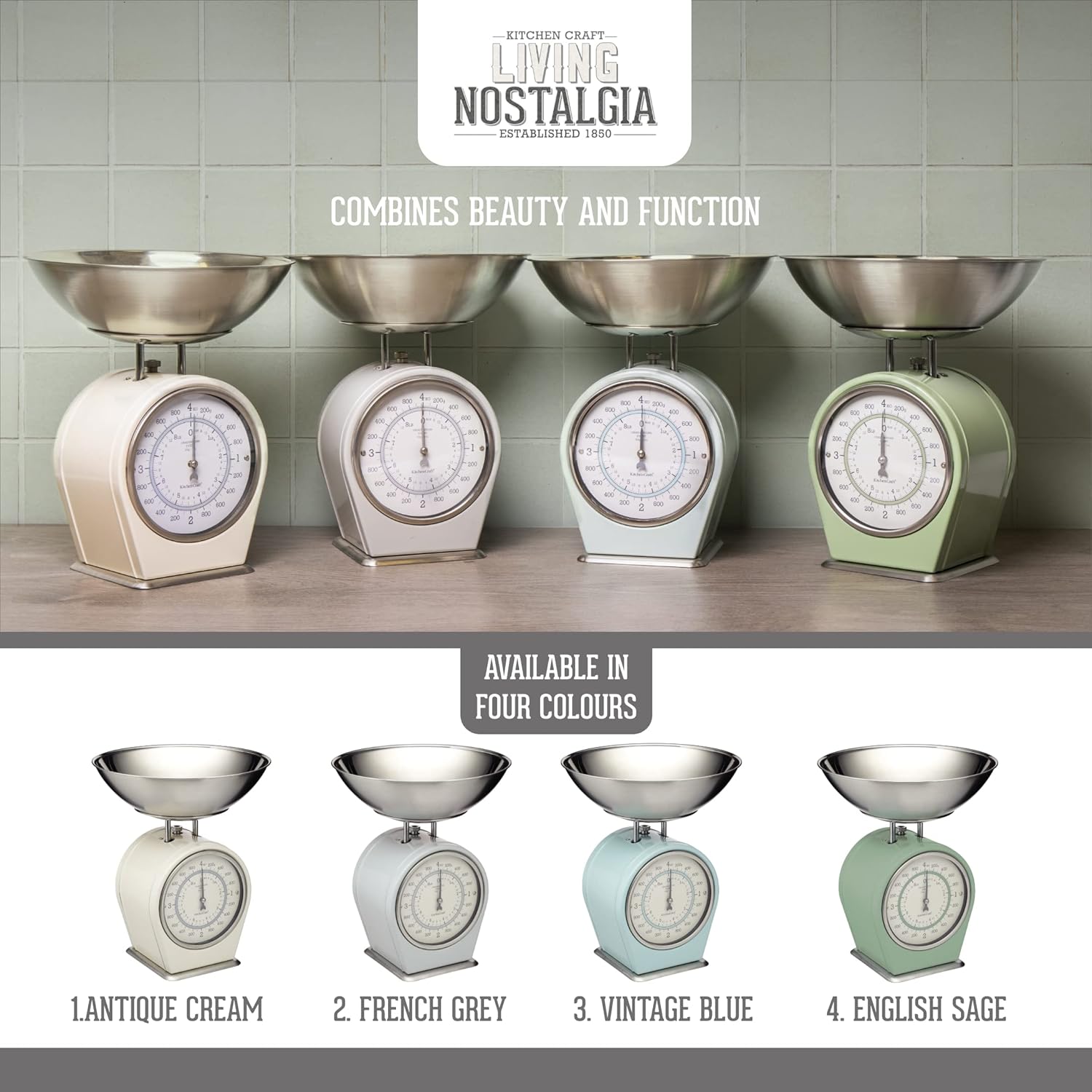 Living Nostalgia Mechanical Kitchen Scales, Retro Traditional Weighing Scale 4 kg (8 lbs), 25 x 25 x 3 cm, English Sage