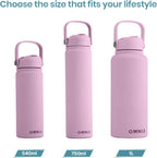 OMNIA Vacuum Insulated Stainless Steel Water Bottle, 2 Lids (Straw & Spout) Leakproof, BPA-Free, Reusable Flask, Hot & Cold Thermos for Sports, Gym, Travel, Outdoors (Soft Pink, 750ML)
