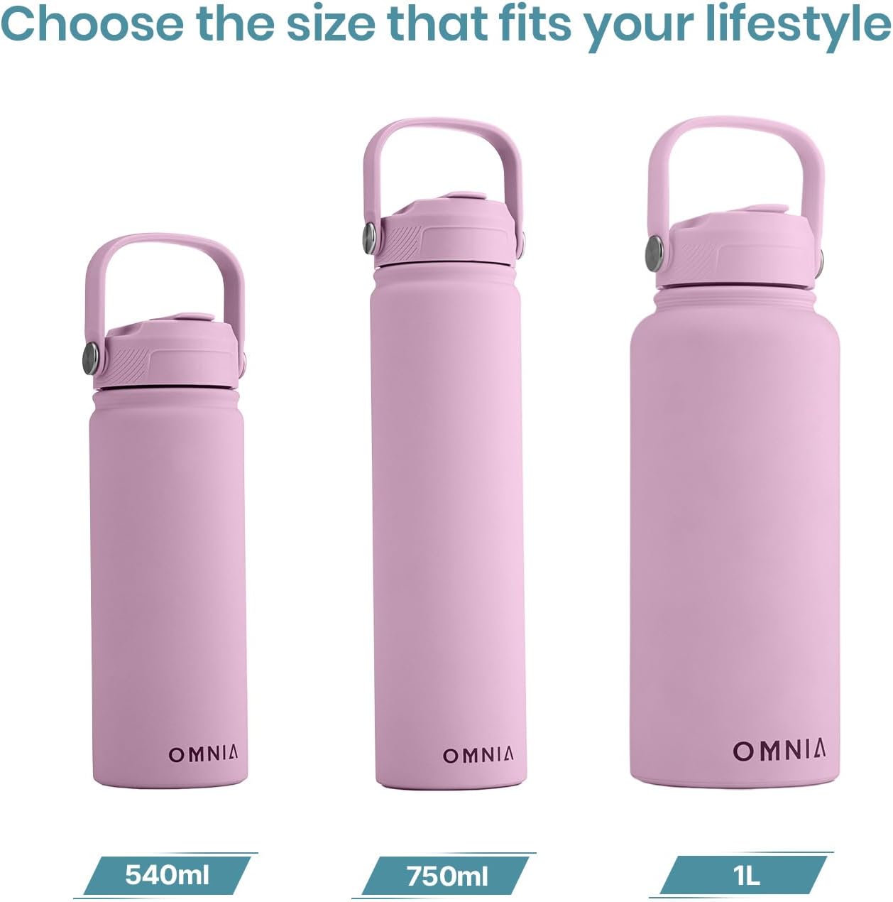 OMNIA Vacuum Insulated Stainless Steel Water Bottle, 2 Lids (Straw & Spout) Leakproof, BPA-Free, Reusable Flask, Hot & Cold Thermos for Sports, Gym, Travel, Outdoors (Soft Pink, 750ML)