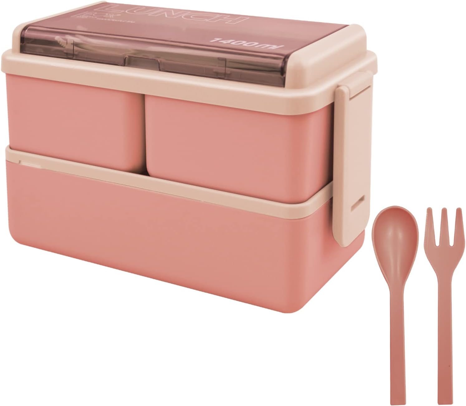 Jsdoin Bento Lunch Box Stackable,1400ml Containers with 3 Removable Compartments and Cutlery, Leak Proof 2 Layer Boxes, for Adults Kids Office Microwave Dishwasher Safe Available(pink) Main image