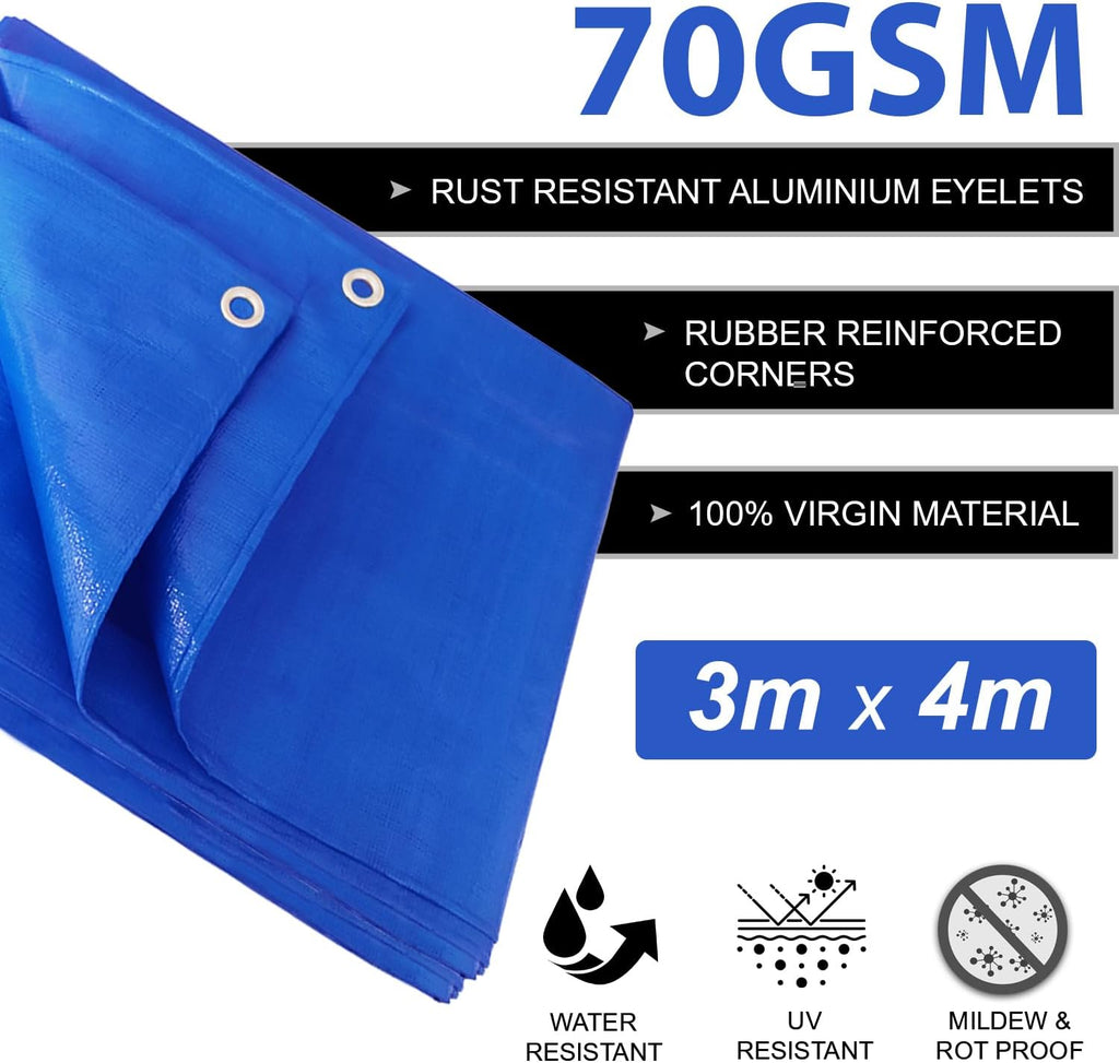 Tarpaulin 3m x 4m Water-resistant Tarp Large Camping Cover Sheet – Multipurpose Groundsheet with UV Protection, Weatherproof & Frost-Resistant – Reinforced Eyelets - Blue