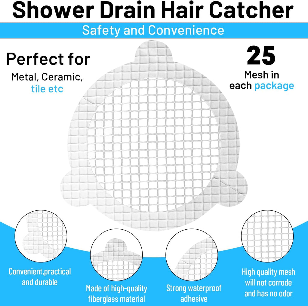 (25 Pack) Disposable Drain Cover & Drain Snake Stickers - 9cm Round Shower Drain Cover & Hair Catcher for Shower Drain - Perfect for Bath & Kitchen - Mesh Stops Human & Pet Hair