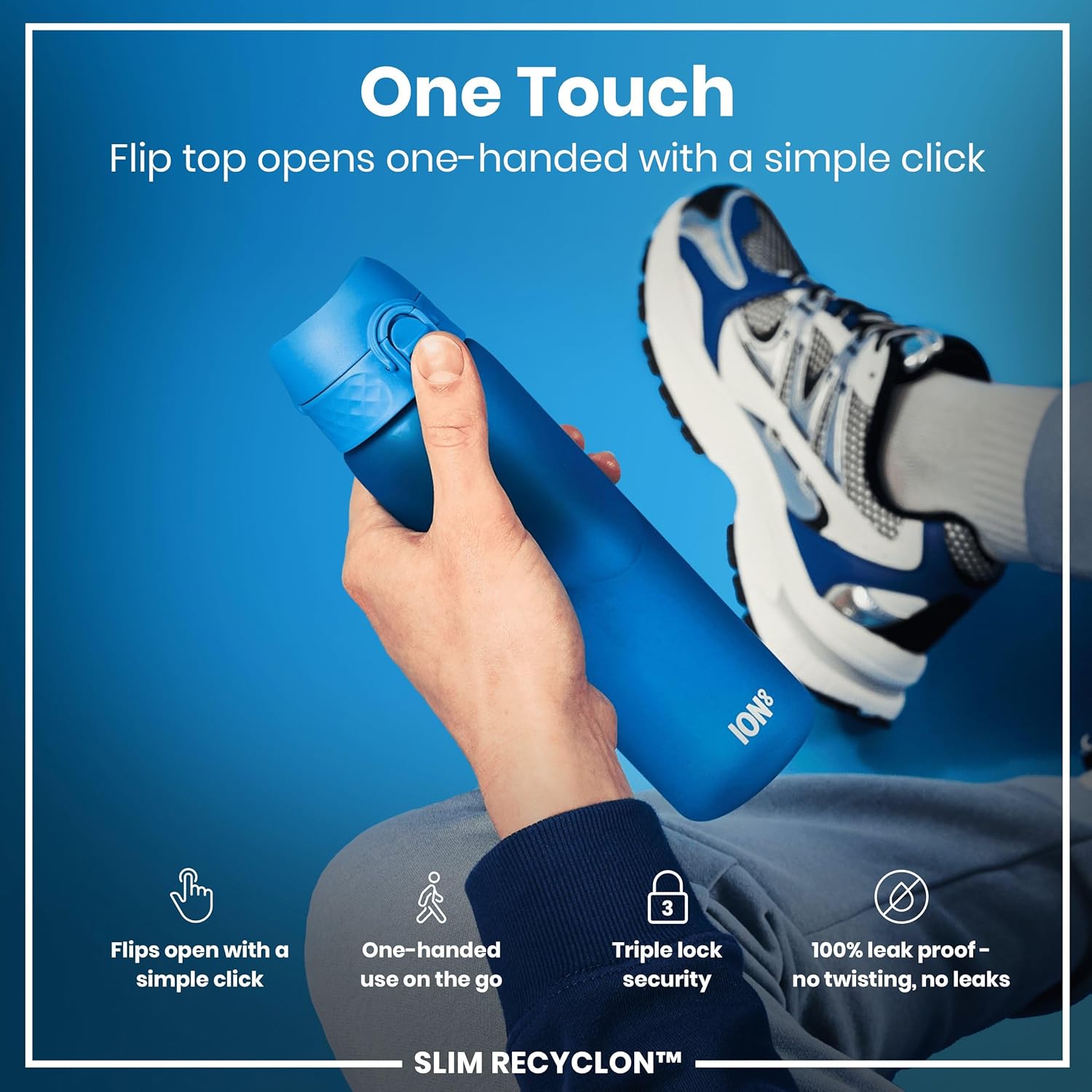 Water Bottle, 500 ml/18 oz, Leak Proof, Easy to Open, Secure Lock, Dishwasher Safe, BPA Free, Hygienic Flip Cover, Carry Handle, Fits Cup Holders, Easy Clean, Carbon Neutral, Blue