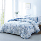 BOLINLIVING Floral Duvet Cover Queen Size 3 Pieces, Flower Duvet Cover with 2 Pillow Shams, Soft Floral Bedding Set White and Blue for All Season, Breathable, Zipper Closure, Queen(90''x90'')