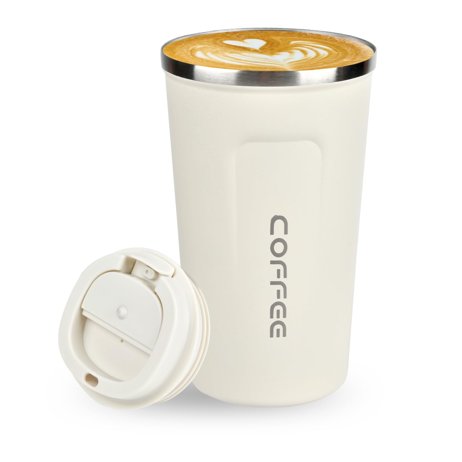 Coffee Travel Mug, 500ml Insulated Coffee Cup with Leakproof Lid, Reusable Stainless Steel Double Wall Vacuum Thermaol Mug/to Go Cups for Hot Cold Drinks, White