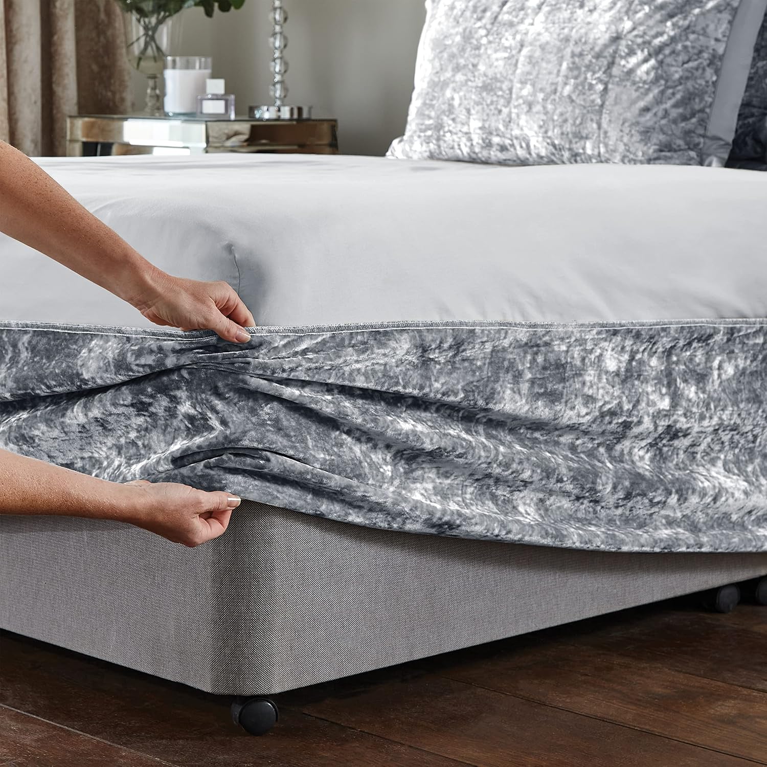 Crushed Velvet King Divan Base Wrap Silver BD/46254/W/BWRAPK/SI