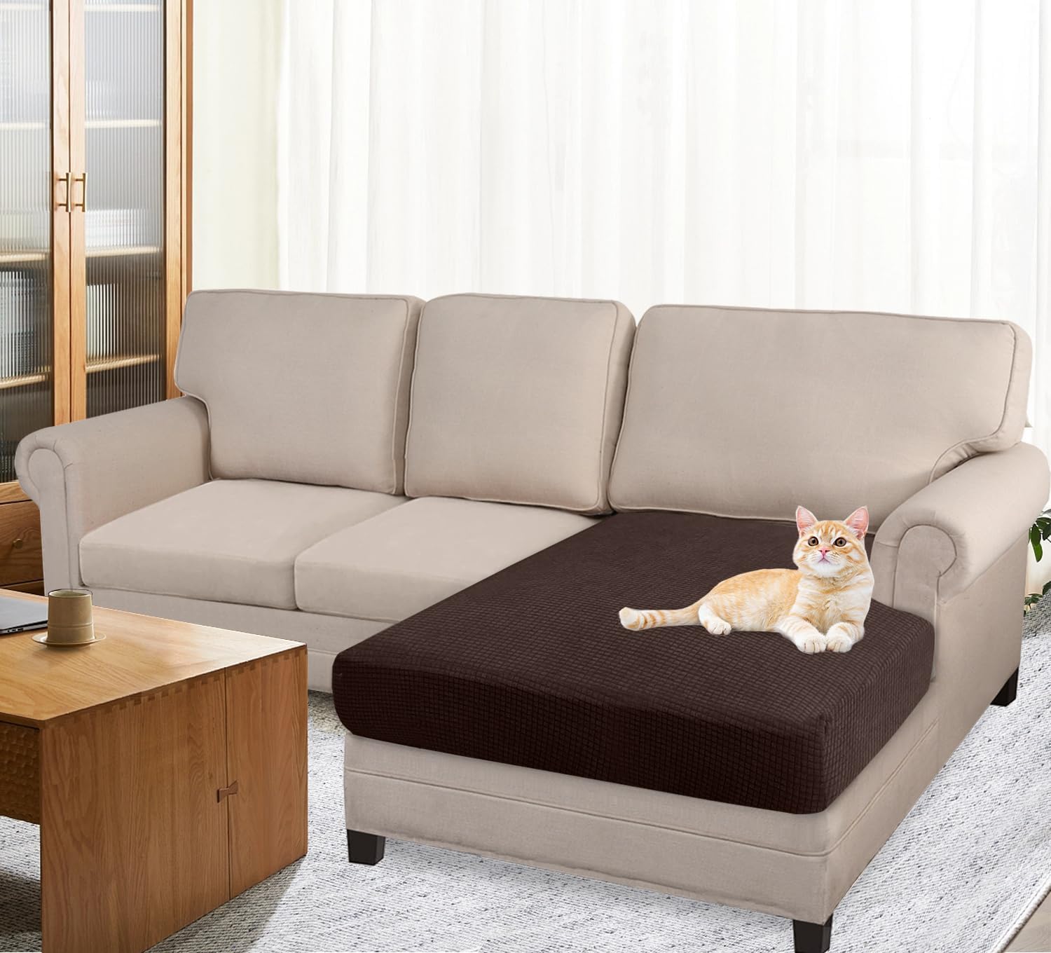 Premium Water-Repellent Sofa Seat Cushion Covers High Stretch Jacquard Fabric Couch Seat Slipcover Protector for Chaise sofa (Chaise, Chocolate) Secondary image