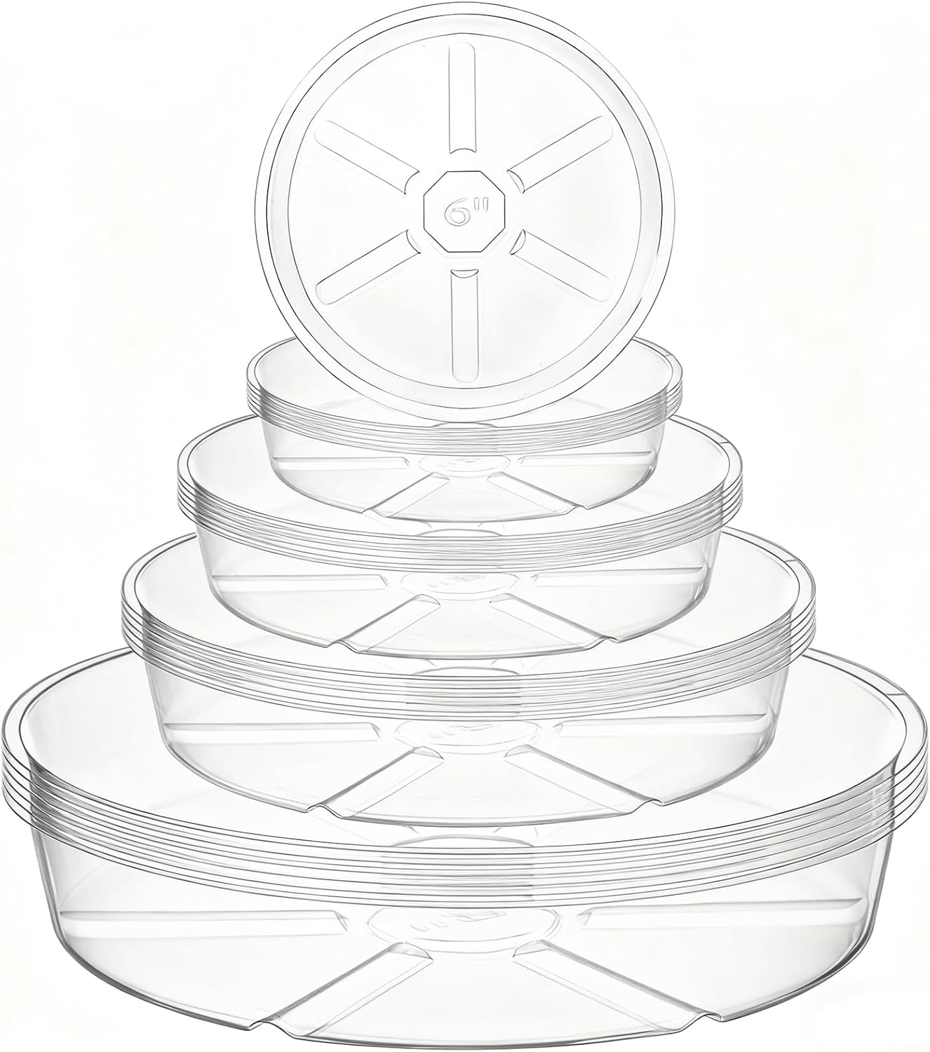 Hacaroa 24 Pack Clear Plant Saucer Drip Trays, 6/8/10/12 Inch Plastic Plant Trays Flower Pot Saucers for Indoor & Outdoor Plants, Round, 4 Sizes