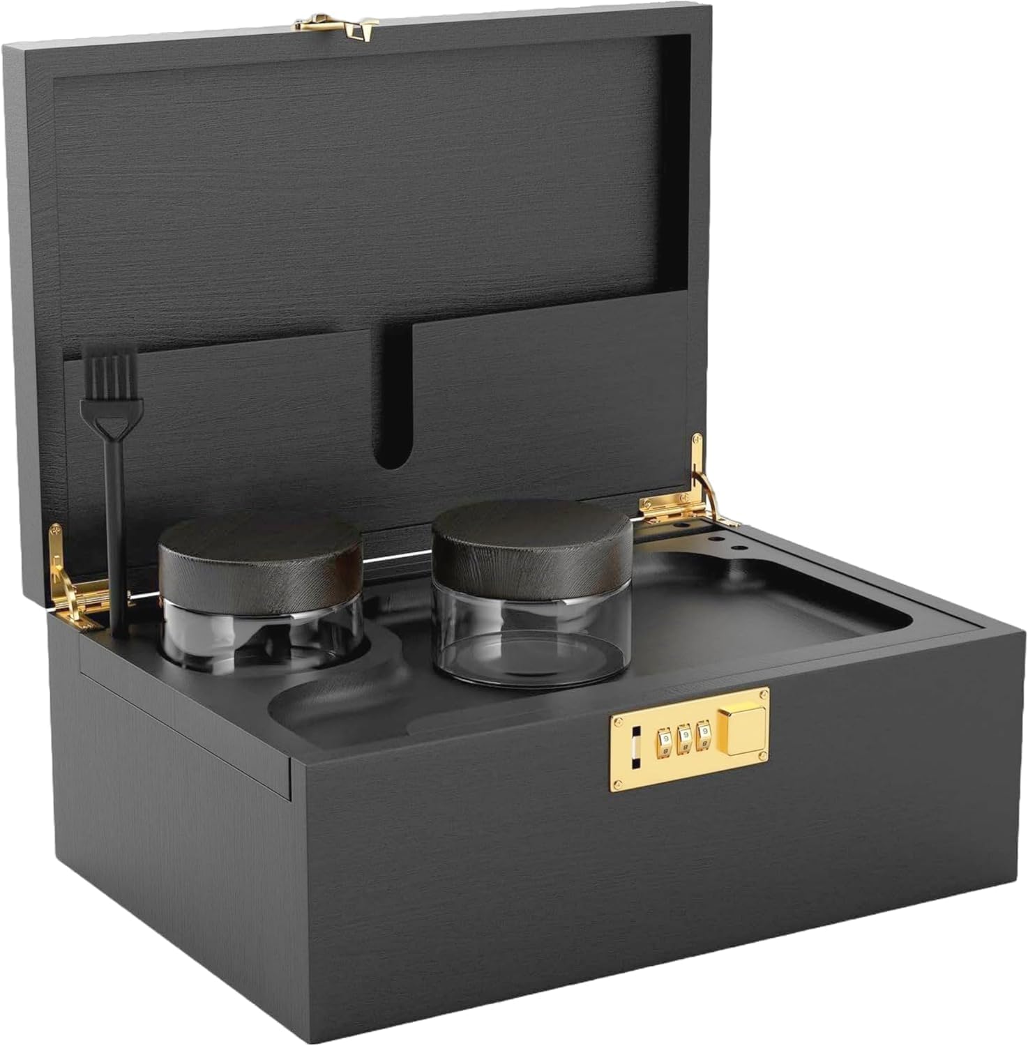 Large Bamboo Wooden Stash Box with combination Lock, Rolling Tray and Glass Storage Jars - Wood Storage Rolling Set with Lock and Smoking Accessories Kit (Black Wooden Stash Box) Secondary image