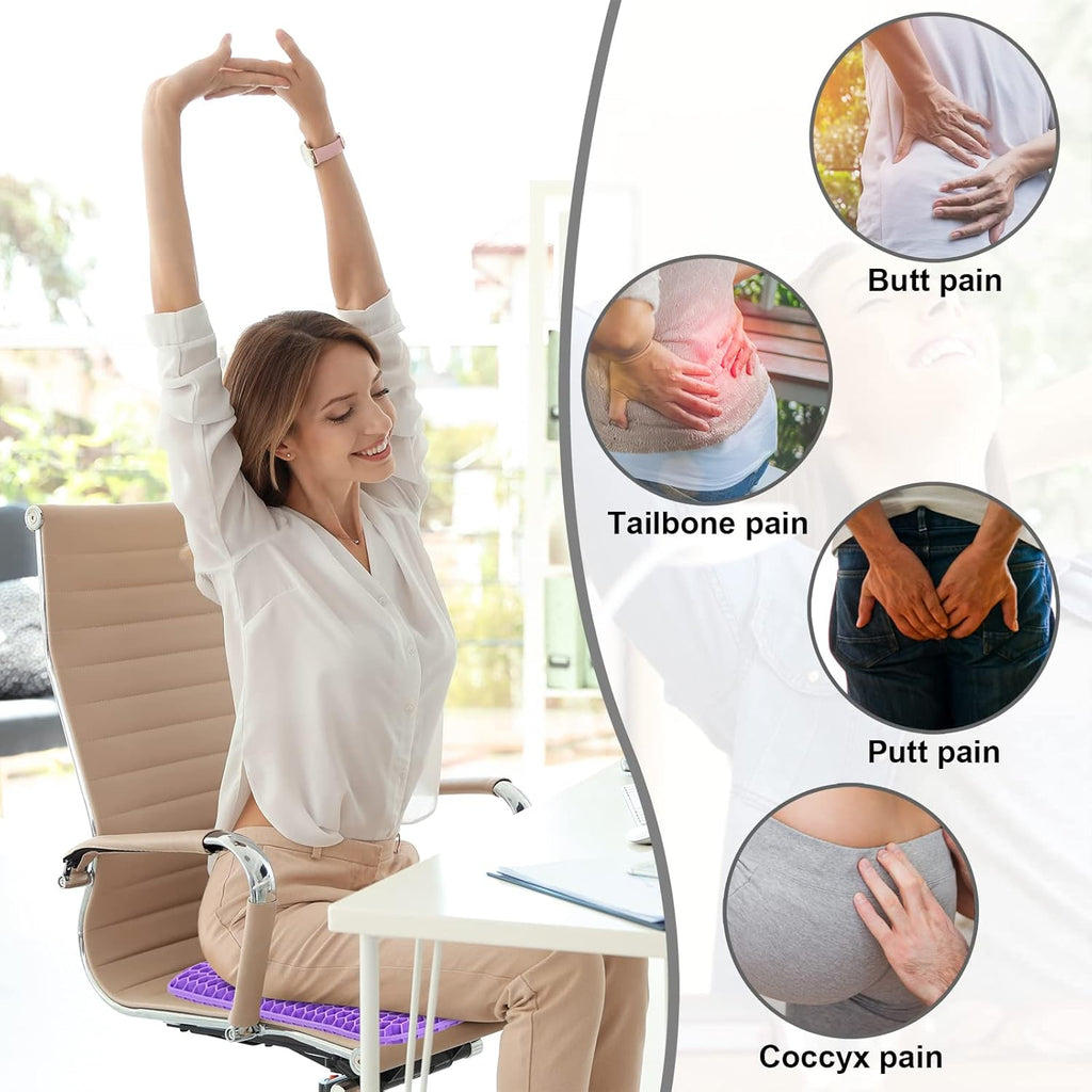Gel Seat Cushion Double Thick - Honeycomb Breathable Office Chair Cushion for Back, Hip & Sciatica Pain Relief - Non-Slip Cool Gel Car & Wheelchair Cushion (Home/Work Use)