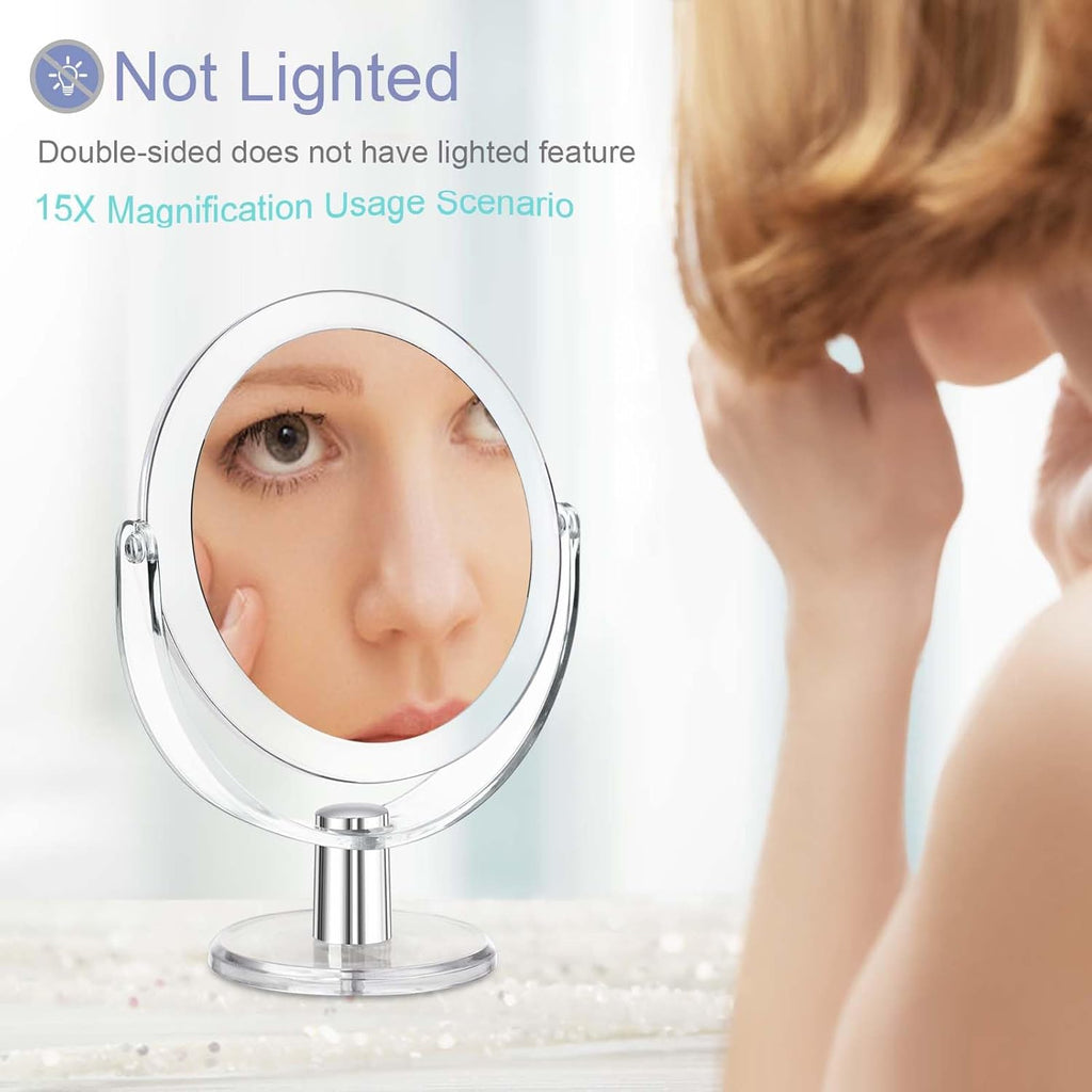 Vanity Makeup Mirror with Stand, 1X/15X Magnification Double Sided 360 Degree Swivel, Portable Table Desk Counter top Magnifying Mirror, Bathroom Shaving, 6.25 Inch